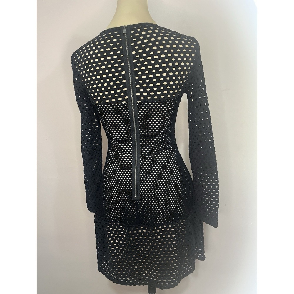 BCBG MAXAZRIA Black Mesh Eyelet Long Sleeve Fit Flare Dress XS Gothic Cocktail - Picture 6 of 14